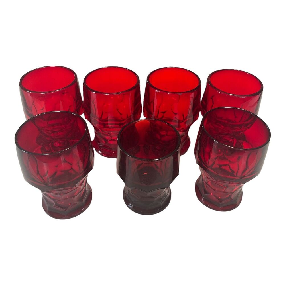 Vintage Red Ruby GEORGIAN Tumblers GLASS Glasses HONEYCOMB Thumbprint MCM